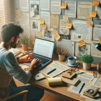 Content writer crafting a blog post, surrounded by notes and references